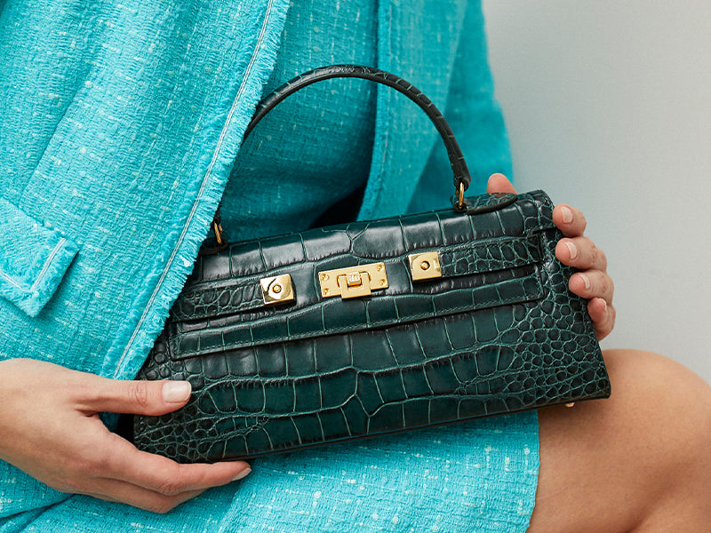 Maya East West 'Croc' Print Handbag Dark Green Lalage Beaumont