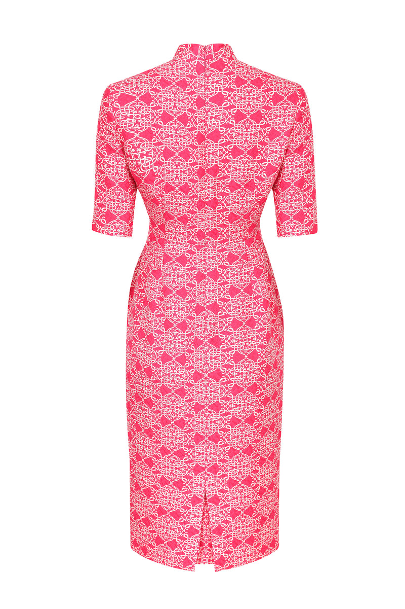 Longer Length Silk/Wool Shift Dress with Sleeves in Fuchsia and Ivory Matelassé - Em