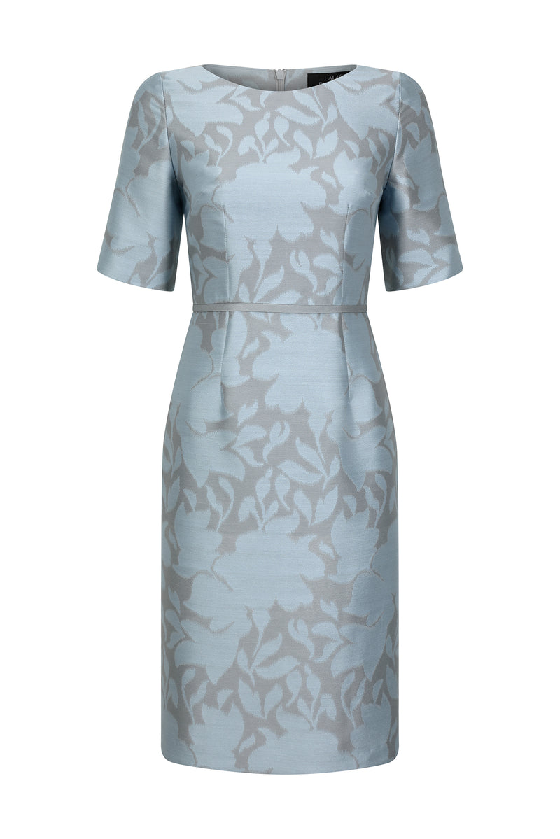 Sky Blue/Grey Silk Floral Jacquard Dress - Angie