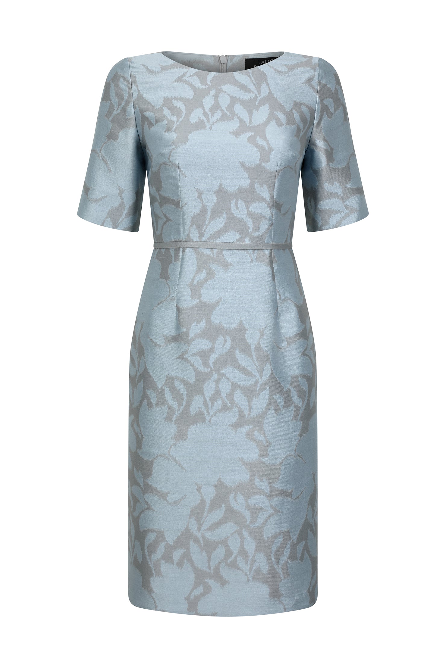 Sky Blue Grey Silk Floral Jacquard Dress Angie