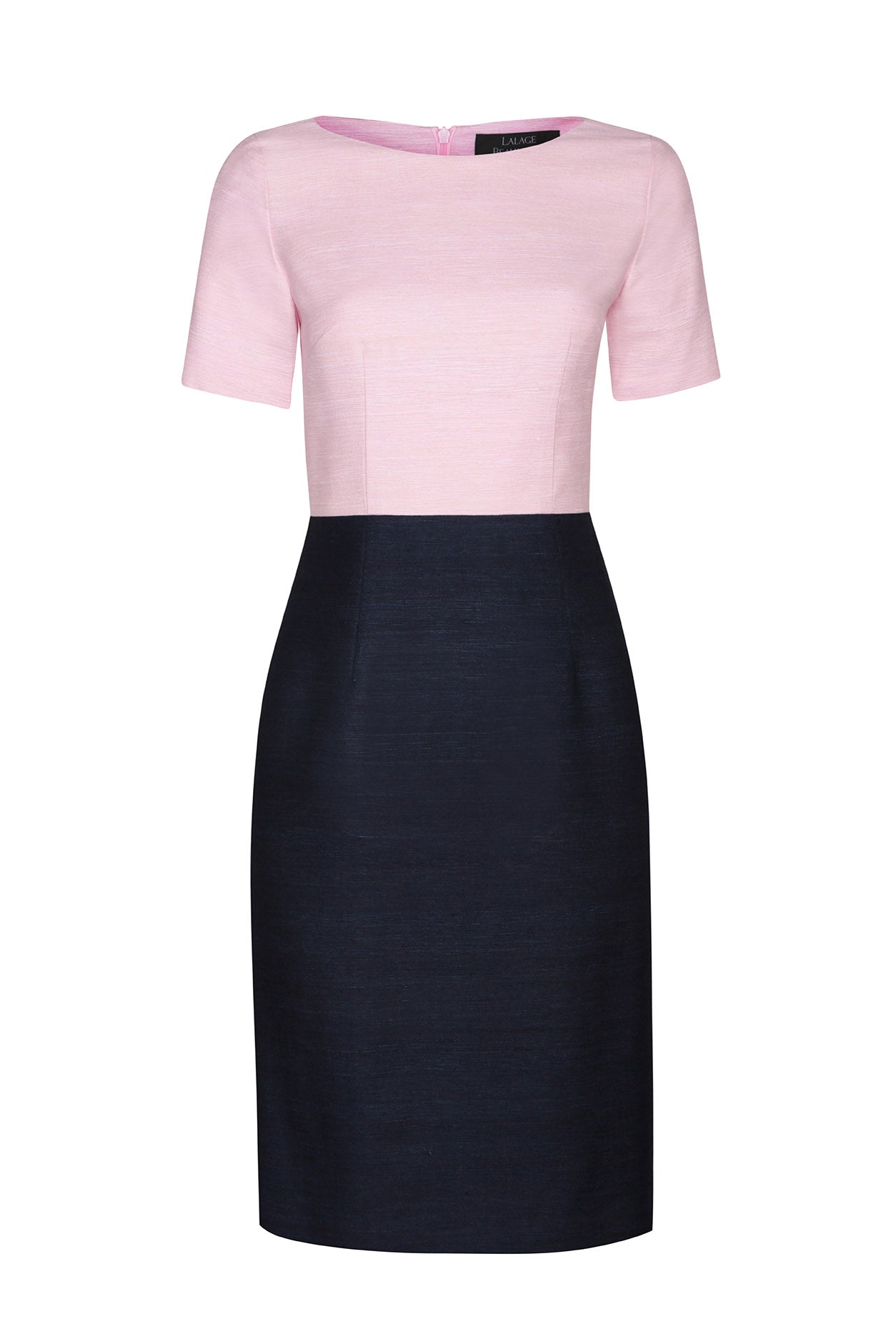 Boat Neck Shift Dress Short Sleeves Pale Pink Navy Raw Silk Angie