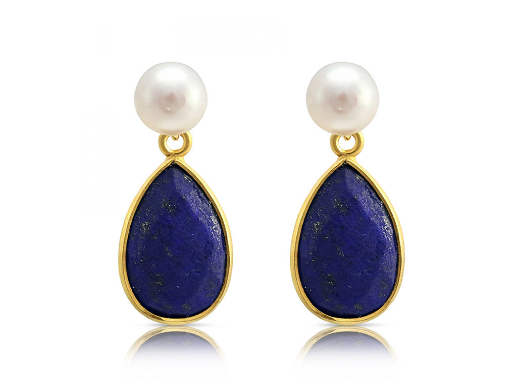 Freshwater Pearl Stud Lapis Tear Drop Earrings