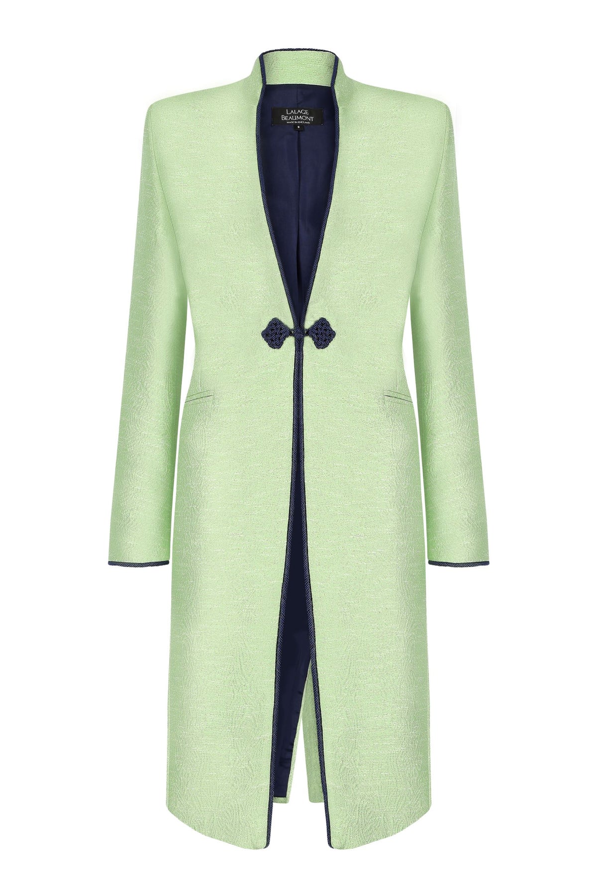 Chartreuse Navy Dress Coat Summer Brocade Cord Trim Frogging Vicky