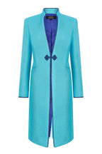Turquoise Dress Coat in Summer Brocade with Cord Trim and Frogging  - Vicky