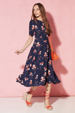 Longer Length Full Skirted Dress in Navy Flower Print in Cloqué Silk - Lexie