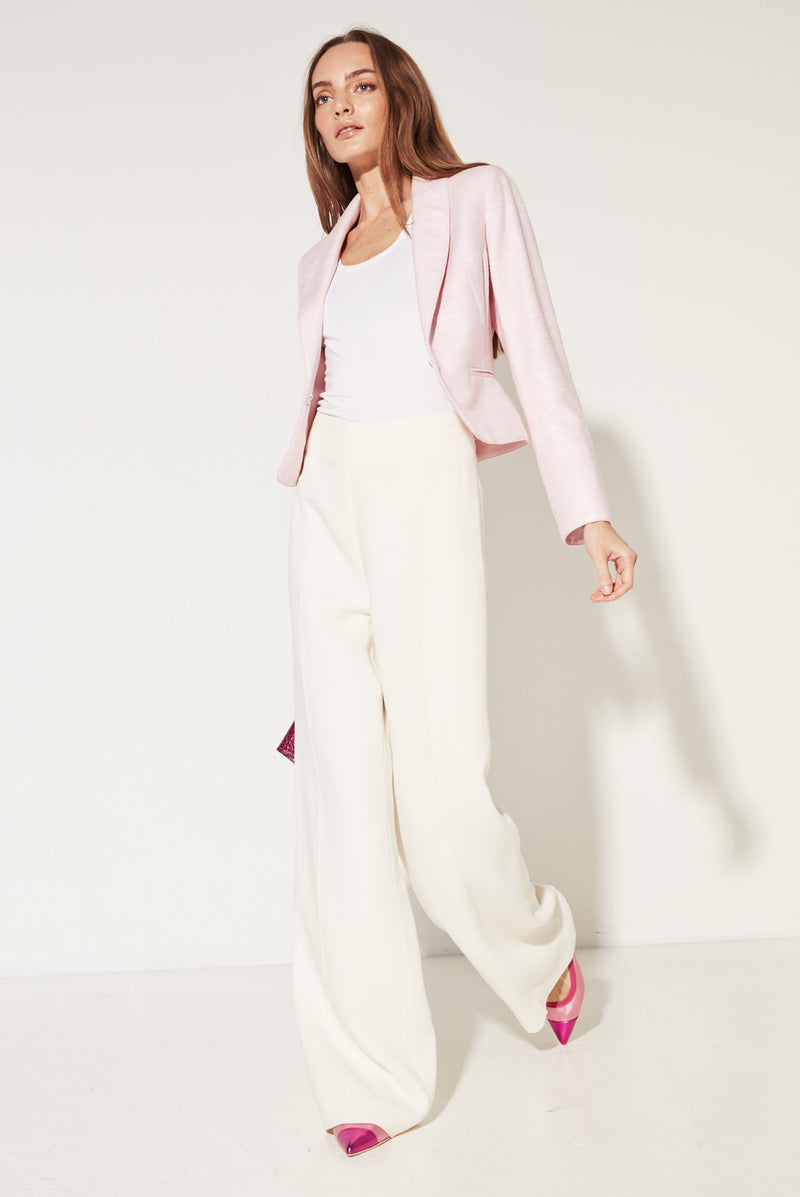 Short Pale Pink Fitted Jacket with Shawl Collar in Raw Silk - Maisie