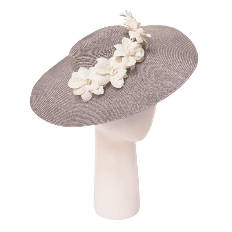 Mini Boater - Grey with Ivory Flowers