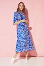 Calf Length, A-Line Dress in Blue and White Printed Silk Shantung - Naomi