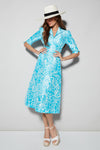 A-Line Dress in Turquoise/White Printed Silk Shauntung - Naomi