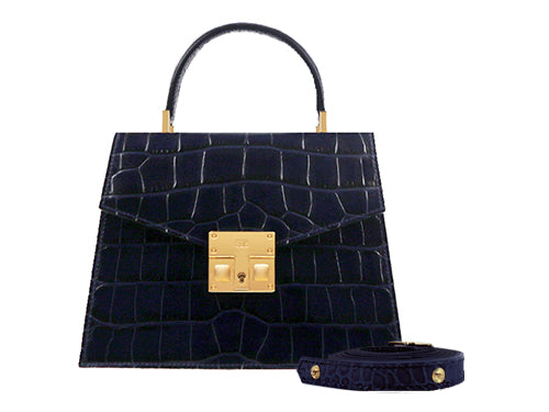 Odette Mini Orinoco &#39;Croc&#39; Print Calf Leather Handbag - Navy