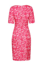 Bright Pink and Ivory Printed Silk Shift Dress with Boat Neck and Short Sleeves - Angie