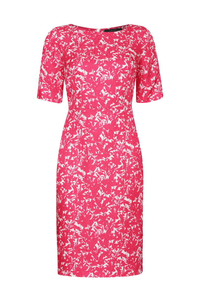 Bright Pink and Ivory Printed Silk Shift Dress with Boat Neck and Short Sleeves - Angie