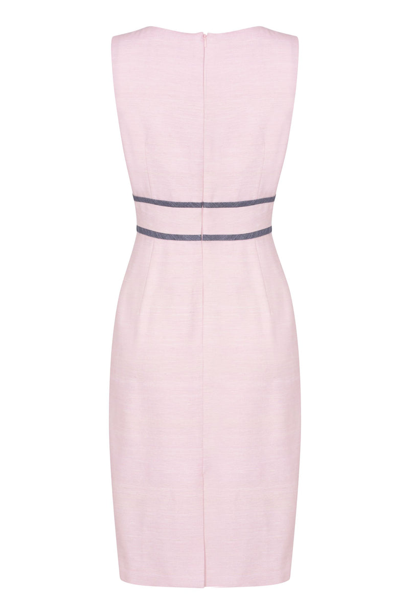 Sleeveless Shift Dress in Pale Pink Raw Silk with Slate Grey Trim - Aude