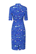 Tulip Print Silk Shift Dress in Royal Blue with Turquoise - Em