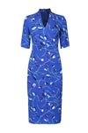 Tulip Print Silk Shift Dress in Royal Blue with Turquoise - Em
