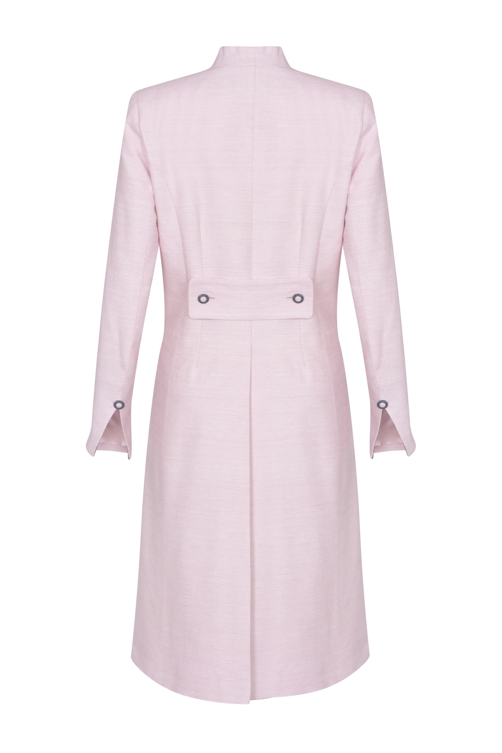 Silk Duster Coat in Pale Pastel Pink with Slate Grey Trim - Leila