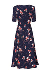 Longer Length Full Skirted Dress in Navy Flower Print in Cloqué Silk - Lexie