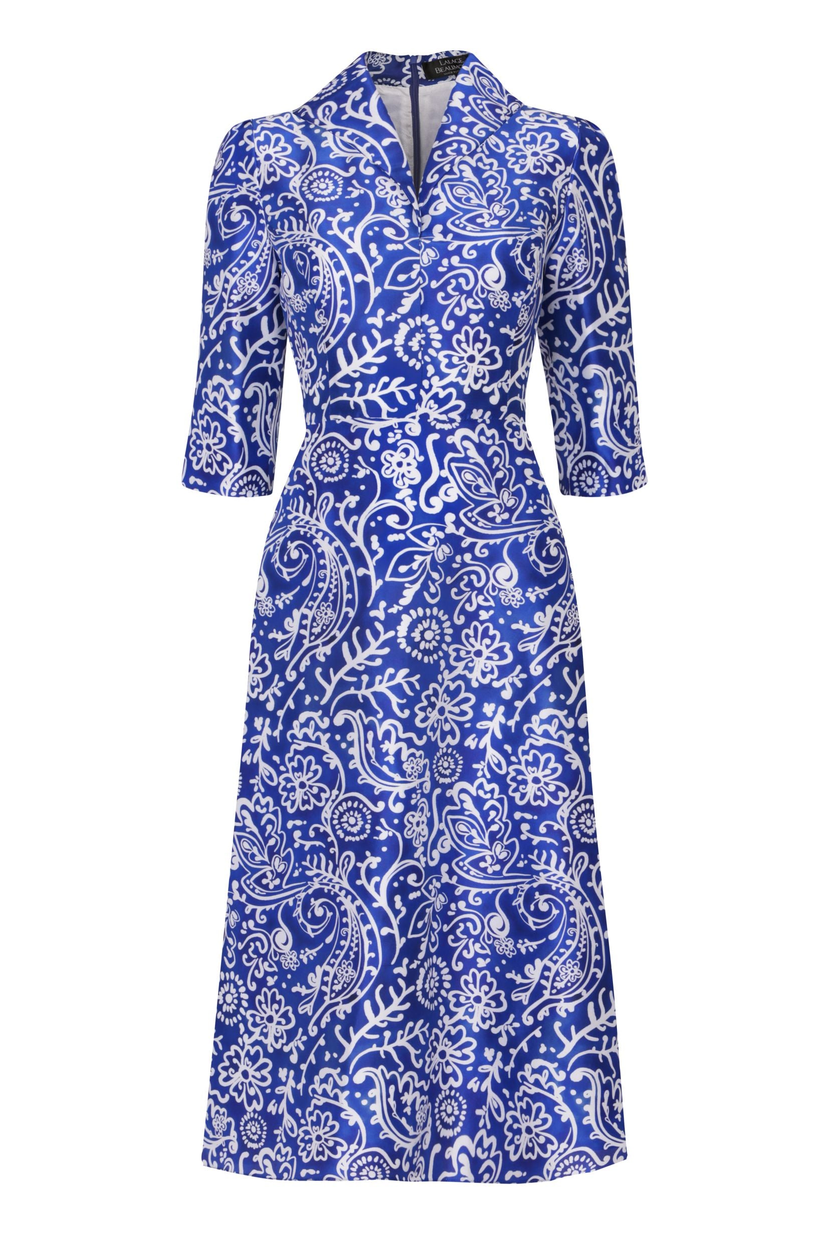 Calf Length, A-Line Dress in Blue and White Printed Silk Shantung ...