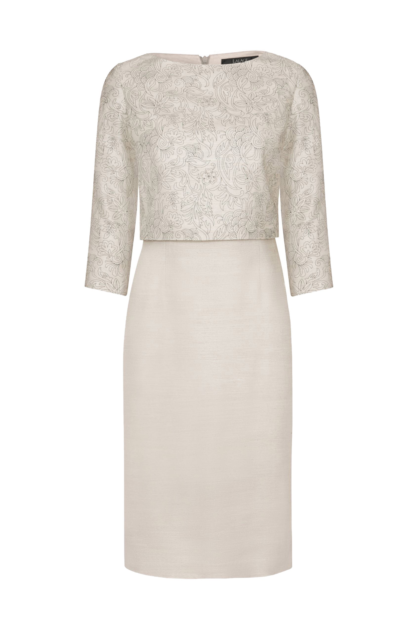Embroidered and Plain Silk Dress in Champagne and Dark Navy - Rolanda