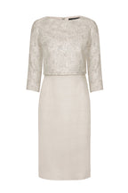 Embroidered and Plain Silk Dress in Champagne and Dark Navy - Rolanda