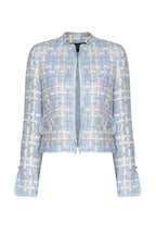 Sky Blue Featherweight Tweed Short Jacket with Pastel Overchecks - Carrie
