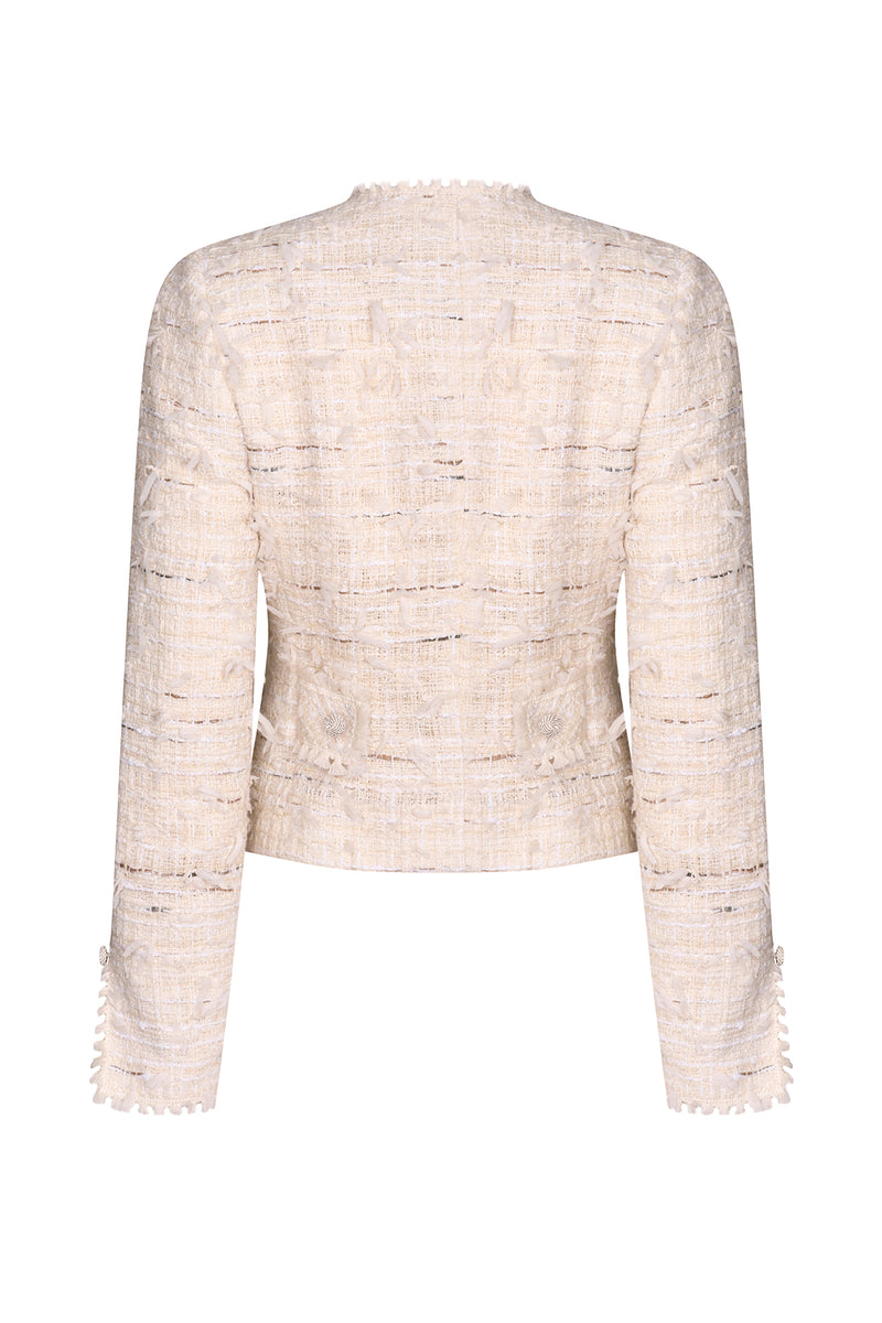 Tweed Short Jacket with Fringe Edges in Cream - Carrie