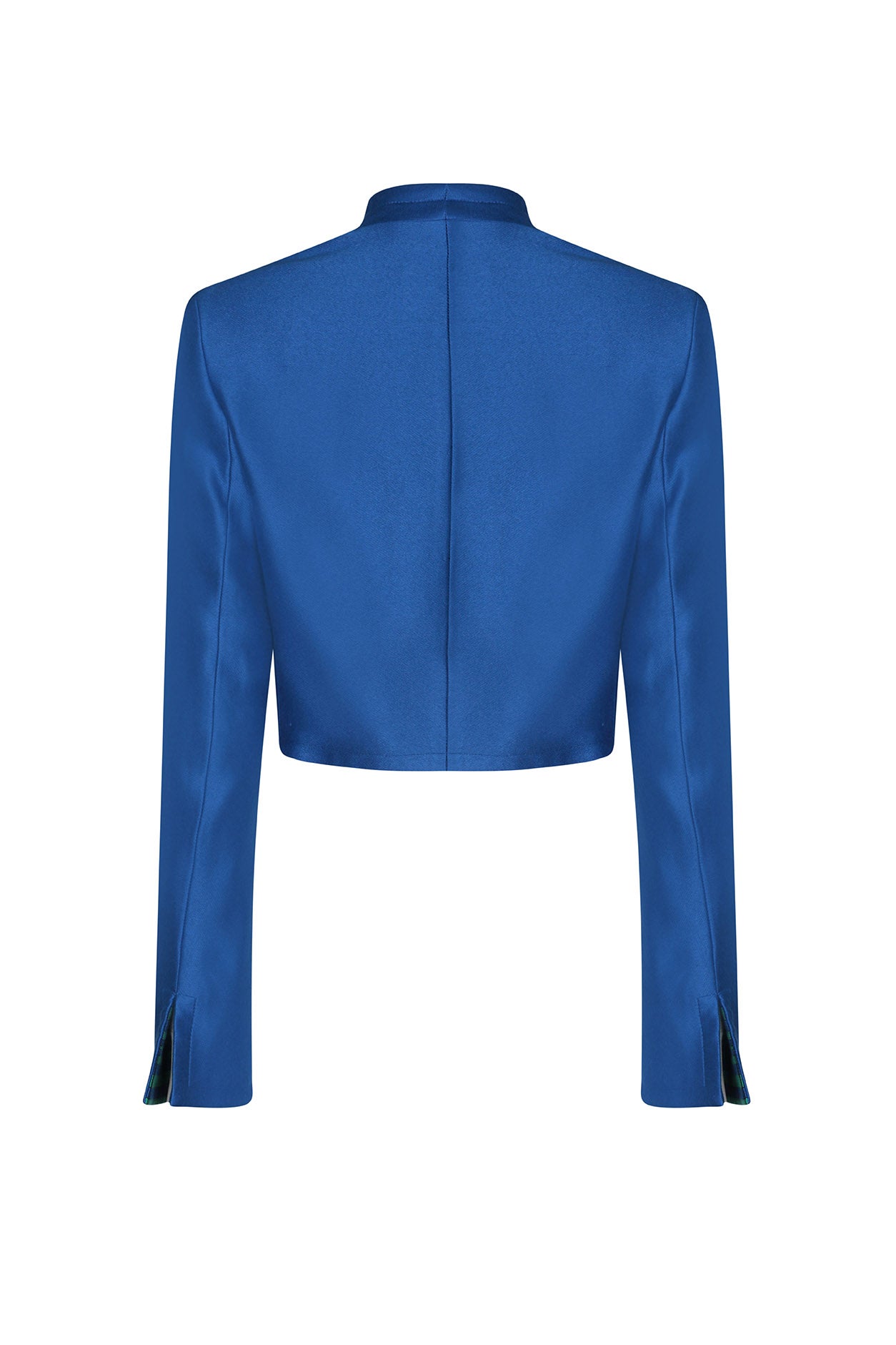 Short Jacket in Royal Blue Viscose/Cotton Sateen with Check Contrast lapels - Hermione