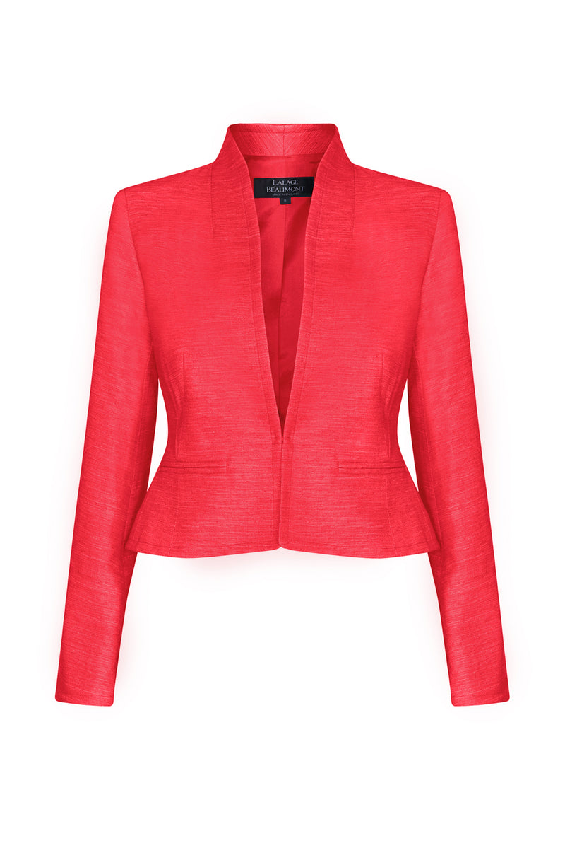 Fitted, Short Jacket in Scarlet-Red Plain Raw Silk Tussar - Margo