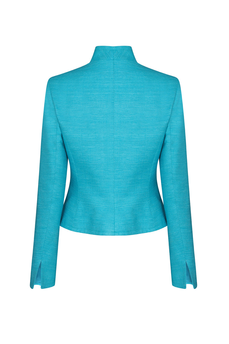 Short Fitted Jacket in Turquoise Plain Raw Silk Tussar - Margo