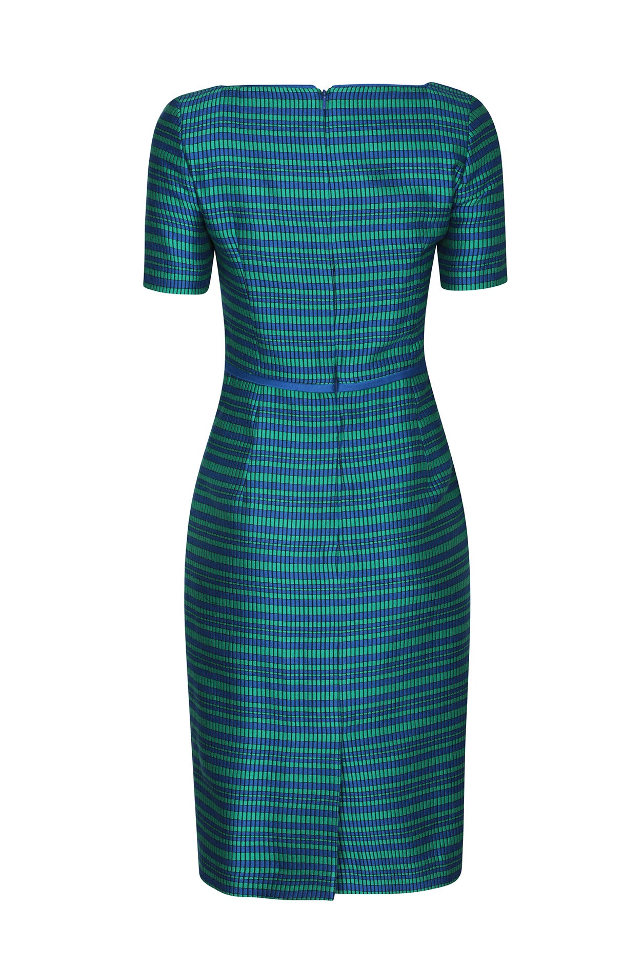 Shift Dress in Blue/Green Viscose Check with Square Neck and Piping Detail - Alexa