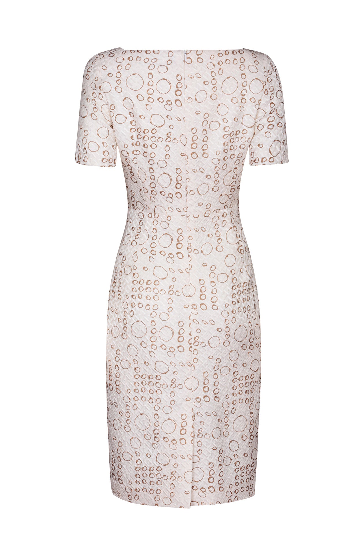 Ivory/Coffee Printed Shift Dress in Silk/Wool Matelassé with Square Neck - Alexa