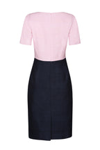 Boat Neck Shift Dress with Short Sleeves in Pale Pink/Navy Raw Silk - Angie