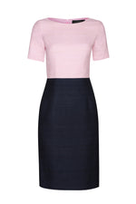 Boat Neck Shift Dress with Short Sleeves in Pale Pink/Navy Raw Silk - Angie