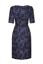 Navy and Pale Pink Printed Silk Shift Dress with Boat Neck and Elbow Length Sleeves - Angie