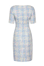 Shift Dress in Featherweight Sky Blue Tweed with Elbow Length Sleeves - Angie