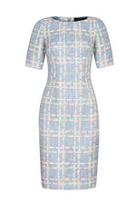 Shift Dress in Featherweight Sky Blue Tweed with Elbow Length Sleeves - Angie