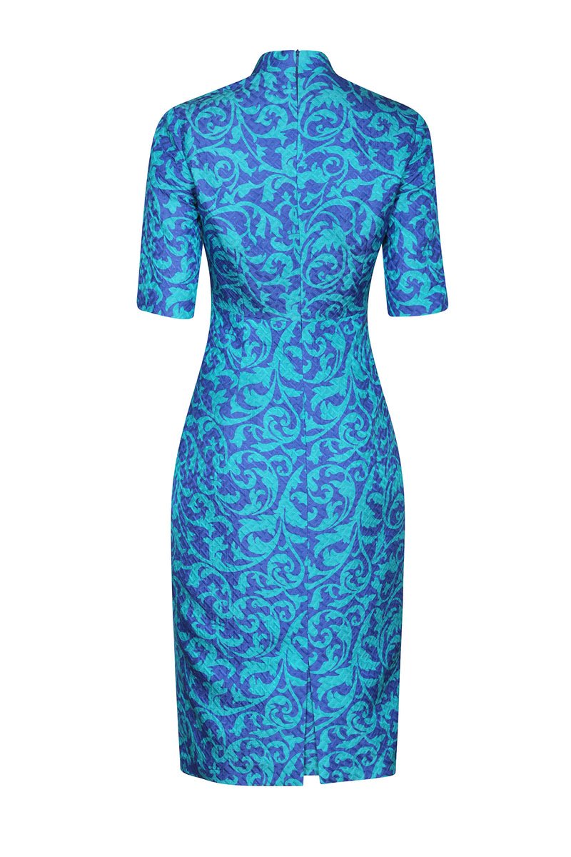 V-Neck Dress in Turquoise/Royal Silk/Wool Printed Matelassé - Em