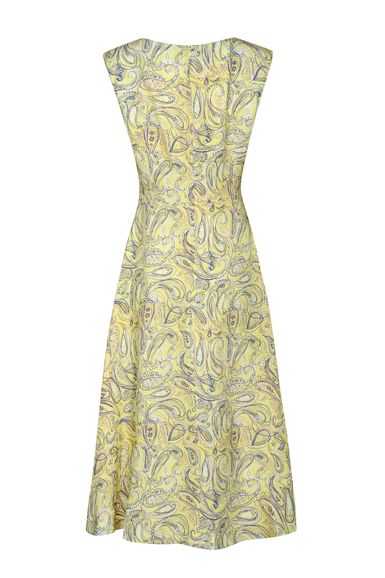 Sleeveless Midi Dress in Lemon Yellow Paisley Printed Silk Cloqué - Letty