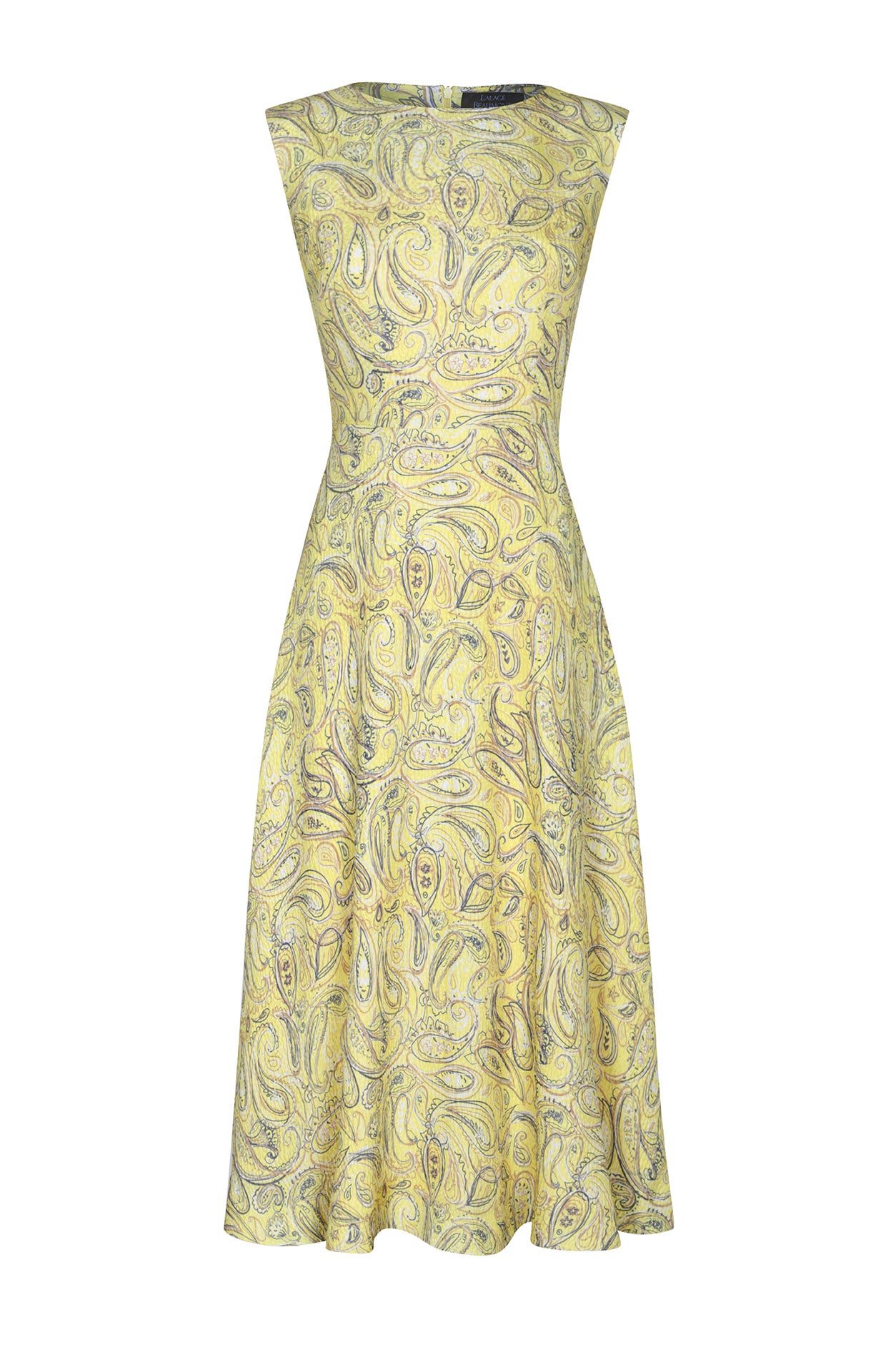 Sleeveless Midi Dress in Lemon Yellow Paisley Printed Silk Cloqué - Letty