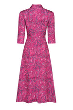 Fuchsia/Navy Paisley Printed Silk Cloqué Dress - Naomi