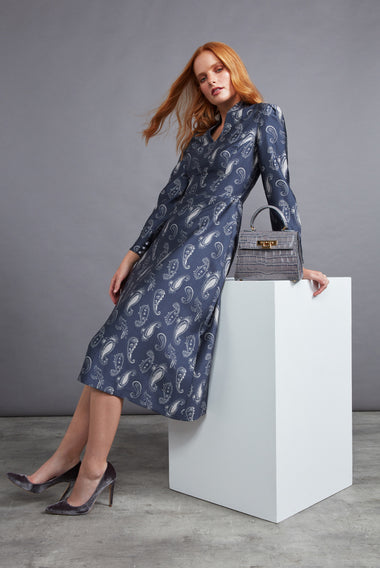 Midi Flared Dress in Grey Silk with Paisley Print - Sophie
