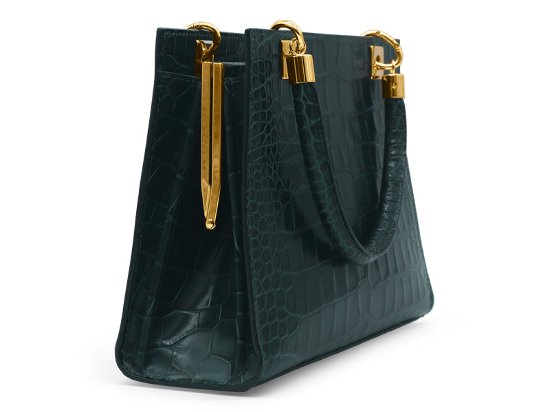 Sylphide Orinoco &#39;Croc&#39; Print Calf Leather Handbag - Dark Green
