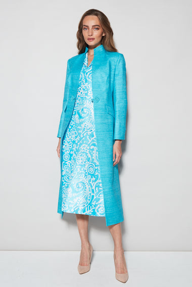 Midi Length Dress Coat in Turquoise Silk Tussar - Vanessa