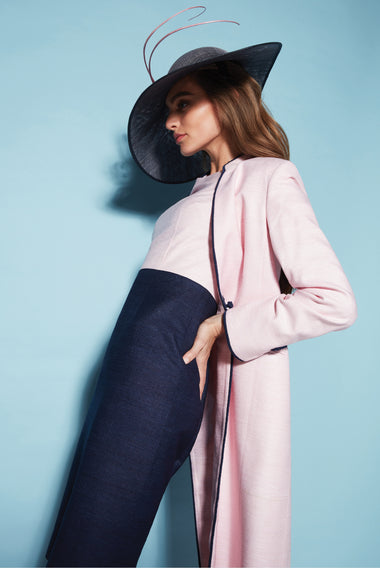 Dress Coat in Pale Pink Raw Silk Tussar with Navy - Vicky