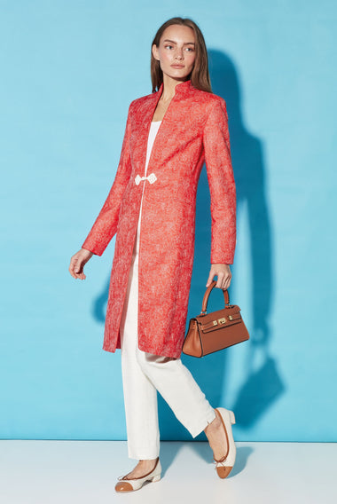 Dress Coat in Embroidered Coral Red Raw Silk Tussar - Vicky