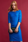 Sapphire Blue 3/4 Sleeve Plain Tweed Dress - Angela