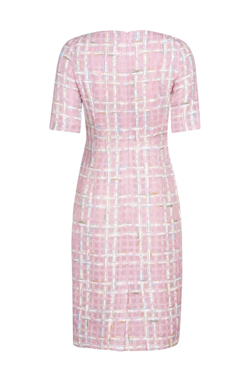 Shift Dress with Short Sleeves in Featherweight Pastel Pink Tweed - Angie