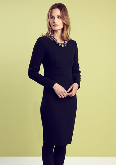 Business Dress in Black Wool Double Crepe with Long Sleeves - Toni