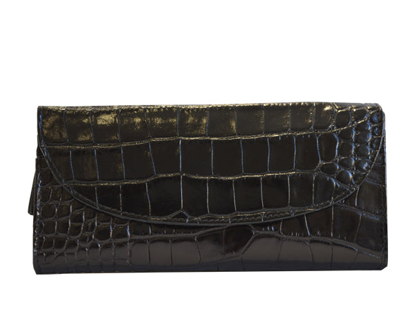 Large Purse in &#39;Croc&#39; Print Leather - Black