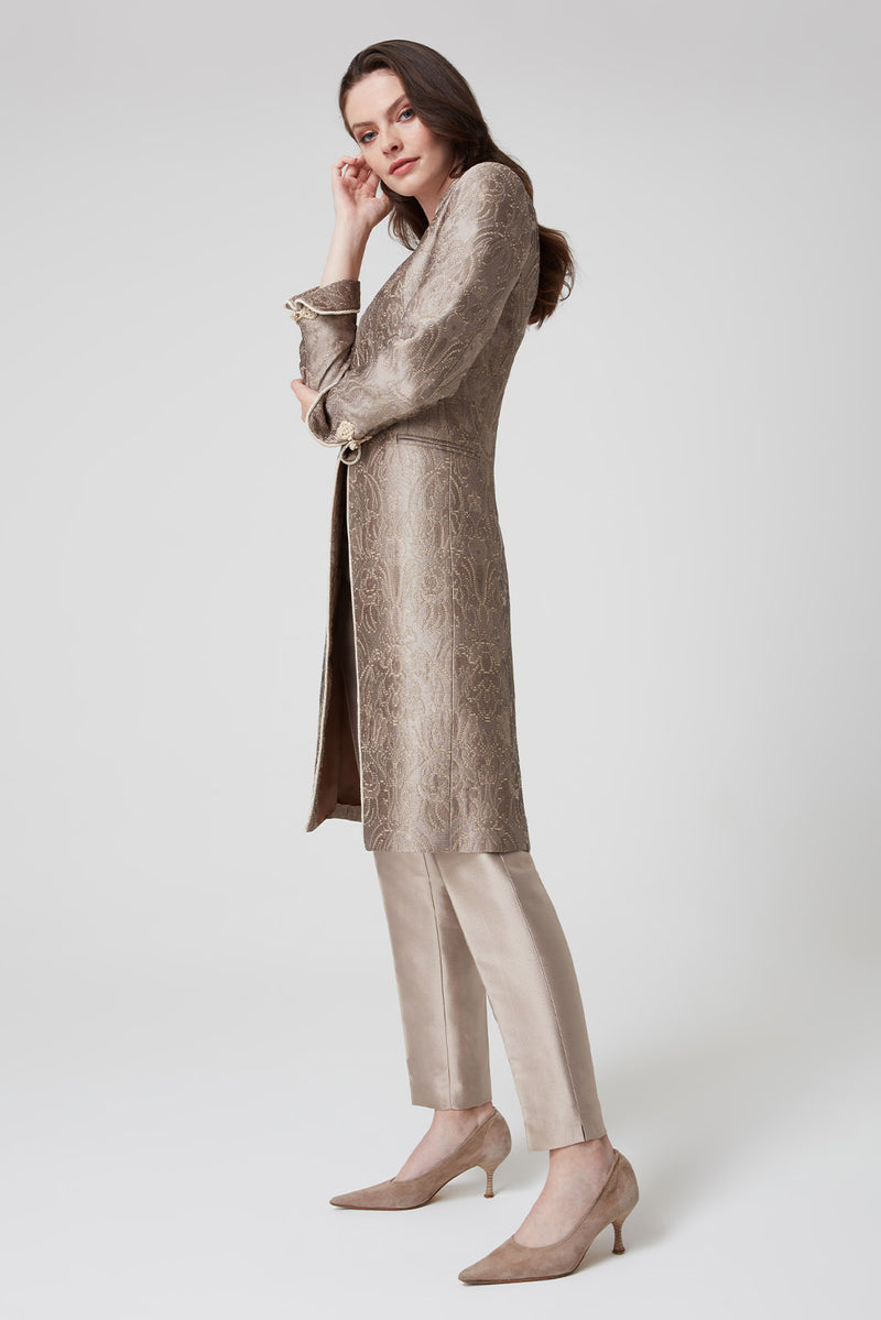 Taupe Dress Coat in Winter Brocade with Cord Trim and Frogging - Vicky